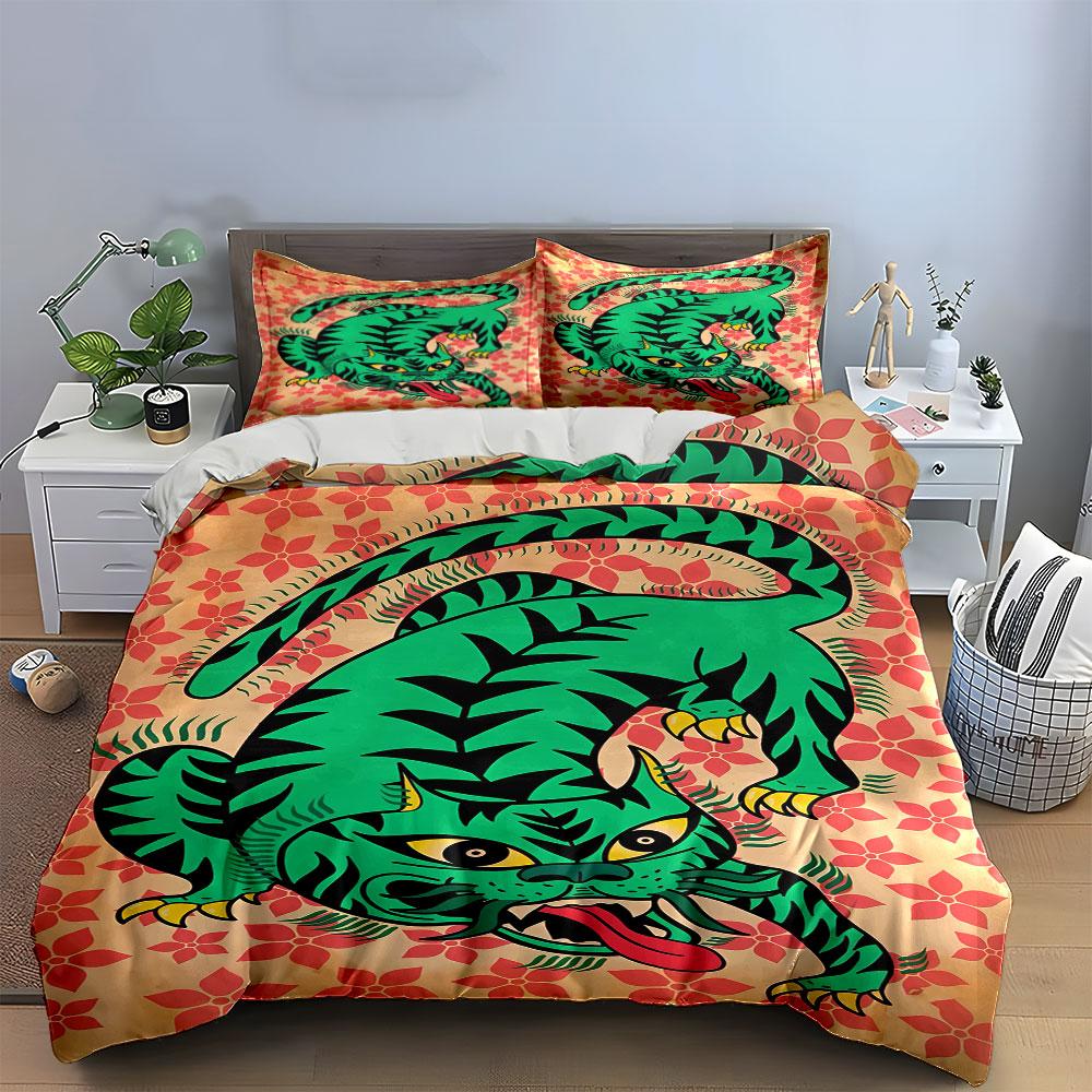 Green tiger, red flowers. Bedding sets Duvet cover sets Duvet covers Pillowcases(1 * Duvet Cover 2 * Pillowcases without duvet insert)