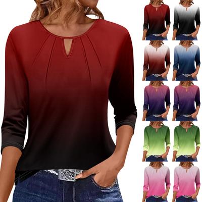 Женская футболка с принтом, плиссированная, рукав 3/4, повседневная, модная, на выходные, базовая, с круглым вырезом, стандартный топ