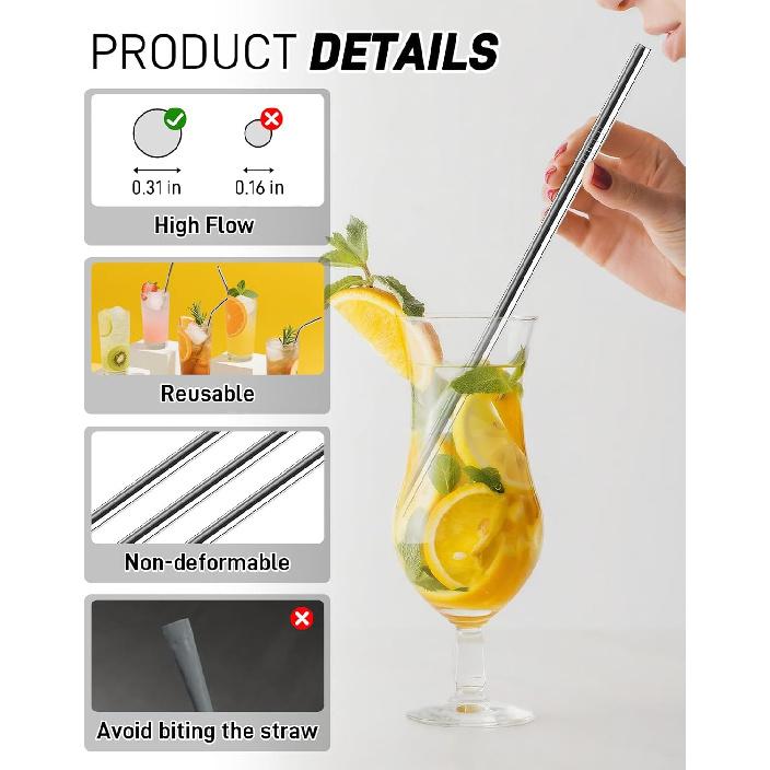 10 Pack Stainless Steel Straws for 40 oz Tumbler, 12" Reble Long Metal Straw with 2 Cleaner Brush 1 Carry Bag (5 Straight 5 Curved)
