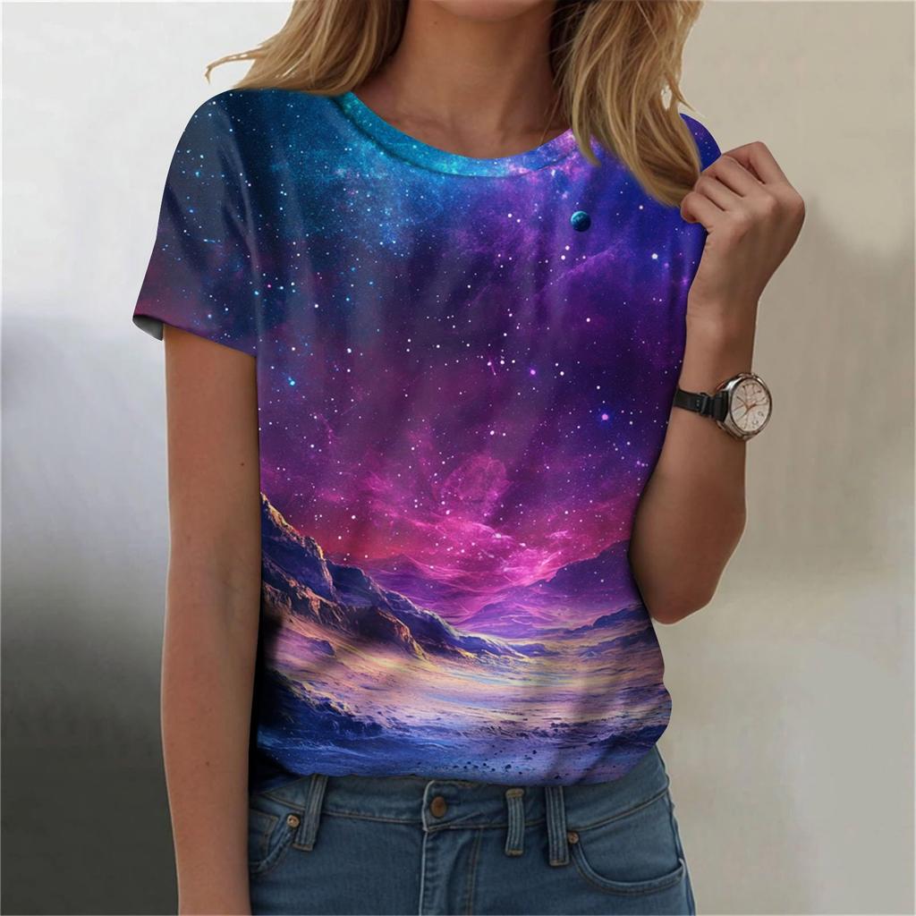 Женская мода Sky Print модная универсальная облегающая футболка с коротким рукавом