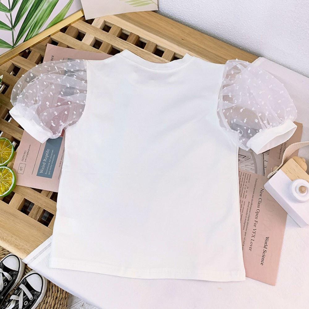 Mesh Patchwork Girls Polka Dot Puff Short Sleeve Tees Summer Kids Party School Tops