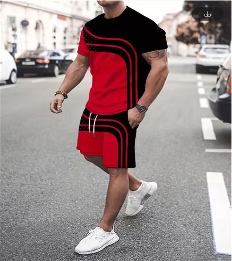 New Fashion Design Men's T-shirt Men's Sports Drawstring Shorts Simple Printed Men's 2-piece Summer Breathable Set