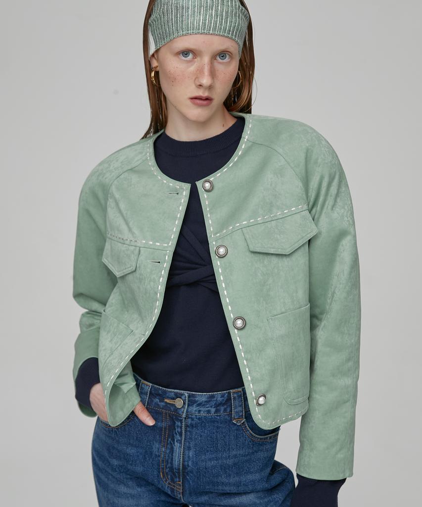 En Or Line Stitch Crop Jacket - Green
