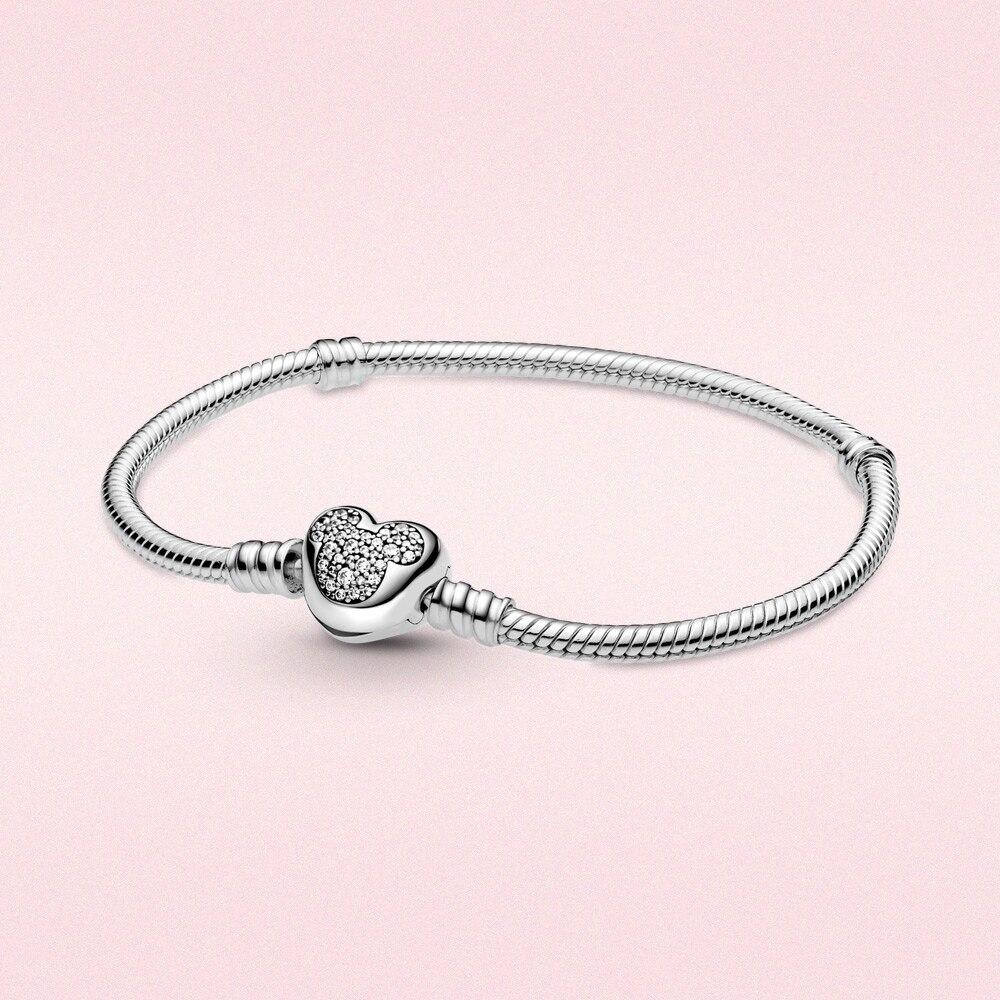 925 Sterling Silver Bracelet Moments Sparkling Moments Mouse Heart Clasp Snake Chain Bracelet Women for Jewelry DIY Charm Bead