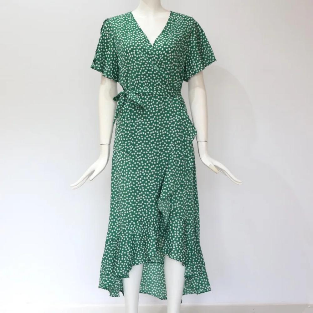 Летнее пляжное платье макси женское длинное шифоновое платье с цветочным принтом в стиле бохо с оборками и запахом повседневное сексуальное вечернее платье с v-образным вырезом и разрезом Robe Femme