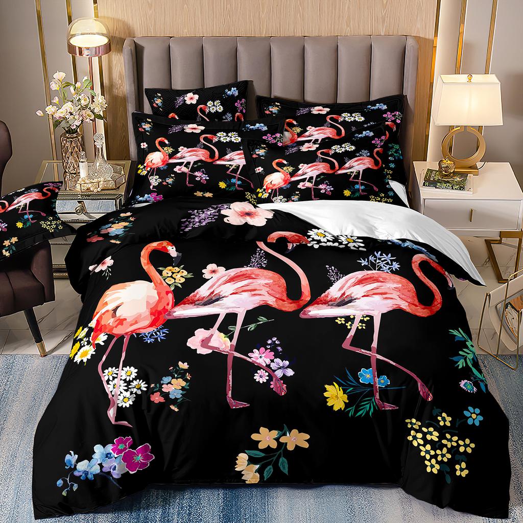 Flamingo Three-Piece 3D Printed Parrot Toucan And Tropical Flower Quilt Cover Pillowcase Bedding