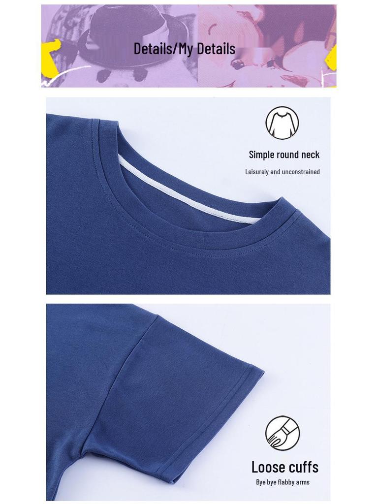 2025 Spring/Summer Women's Cotton Pullover Pajama Set - Short Sleeve Top with Long Pants