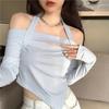 WTEMPO Korean Style Solid Slash Neck Tops Girl's Irregular Long Sleeve Hollow Out Halter Slim Shirts Streetwear