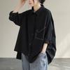 Весна Осень Однотонные Необычные Женские Новые Сшивные Рубашки Блузки с Воротником Поло на Пуговицах Модные Свободные с Карманом Повседневные с Длинным Рукавом