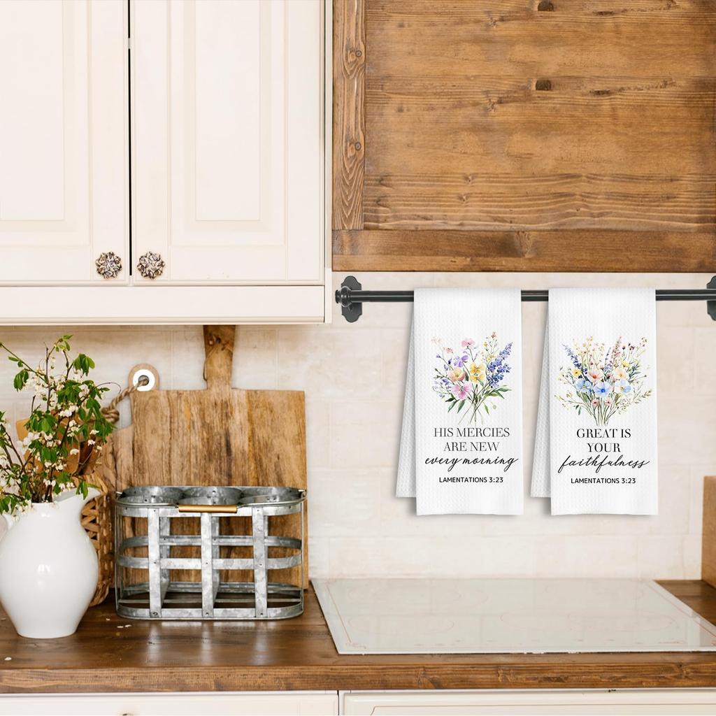 Floral Christian Kitchen Towels, Lamentations 3:23 Bible Verse Dish Towels, Christian Gifts for Women, Faith Based Gifts Hand Tea Towel for Bathroom