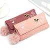 Butterfly Designer Women Long Wallets PU Leather Money Bag Solid Wool Ball Bow Clutch Bag Large Capacity Card Bag Coin Purse