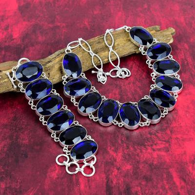 Невероятные ювелирные изделия из граненого синего сапфира, комплект ювелирных изделий из ожерелья и браслета ручной работы для нее, набор из стерлингового серебра 925 пробы для подарка