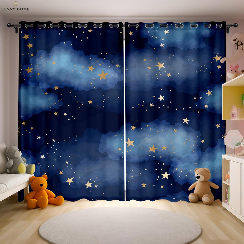 Милые занавески с принтом в виде звезд и облаков для украшения окон в комнате для девочек, легко стирать и ухаживать, 2 шт.