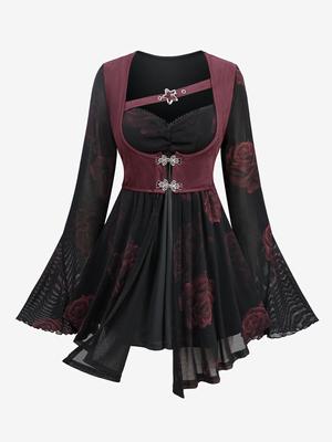 Rosegal Plus Size Rose Flower Print Mesh Ruched Кружевная отделка Звезда Пряжка Люверсы Расклешенные рукава Топ 2 в 1