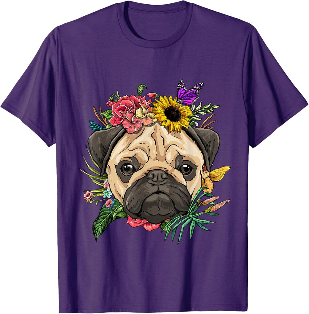 Pug Face Flower Crown Butterfly Graphic Tee Soft Cotton Casual Trip T-Shirt