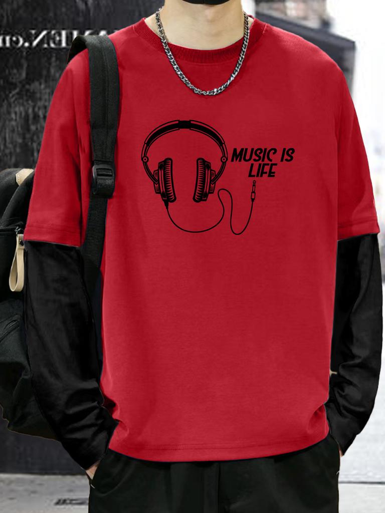 Men's Long-sleeved T-shirts - Headphones MUSIC Printed & Crewneck Color Matching Fake Two Casual Loose Tee Tops Alternative Clothing