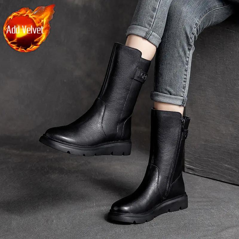 Зима 2024 Осень Элегантные Женские Полусапожки на Низком Каблуке Распродажа Моды Новые Удобные Женские Туфли До Середины Икры