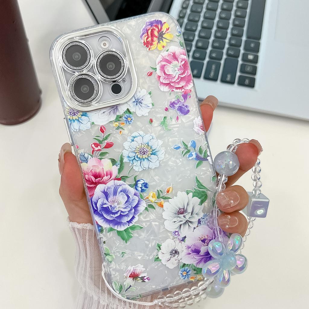 For Apple 16E Flower Phone Case for IPhone 15 Promax with Bracelet Sparkling Pink Lens Film Hard Case