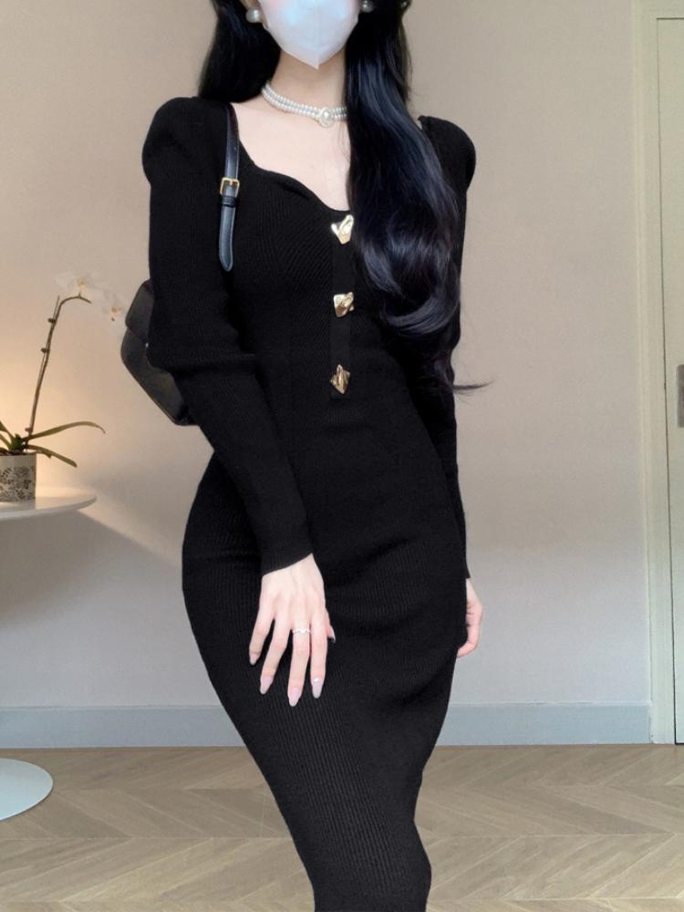 Корейская мода дизайн пуговиц трикотажное платье женское осень квадратный вырез винтажные тонкие вечерние платья эстетическое выпускное платье-свитер Хепберн зима