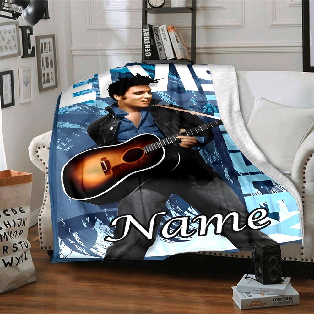 Elvis Guitarist Musician Blue Background Four Seasons Blanket Customized With Your Name Lightweight And Warm Perfect Gift For Home Office Camping Sofa