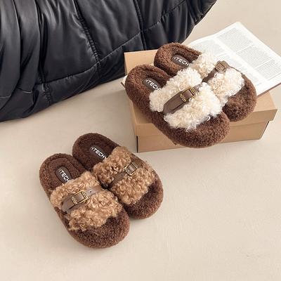 Женские пушистые тапочки на толстой подошве с кудрявым мехом, новинка осени и зимы 2025 года, корейская версия, тапочки для улицы, мягкая подошва, хлопковые тапочки с перемычкой