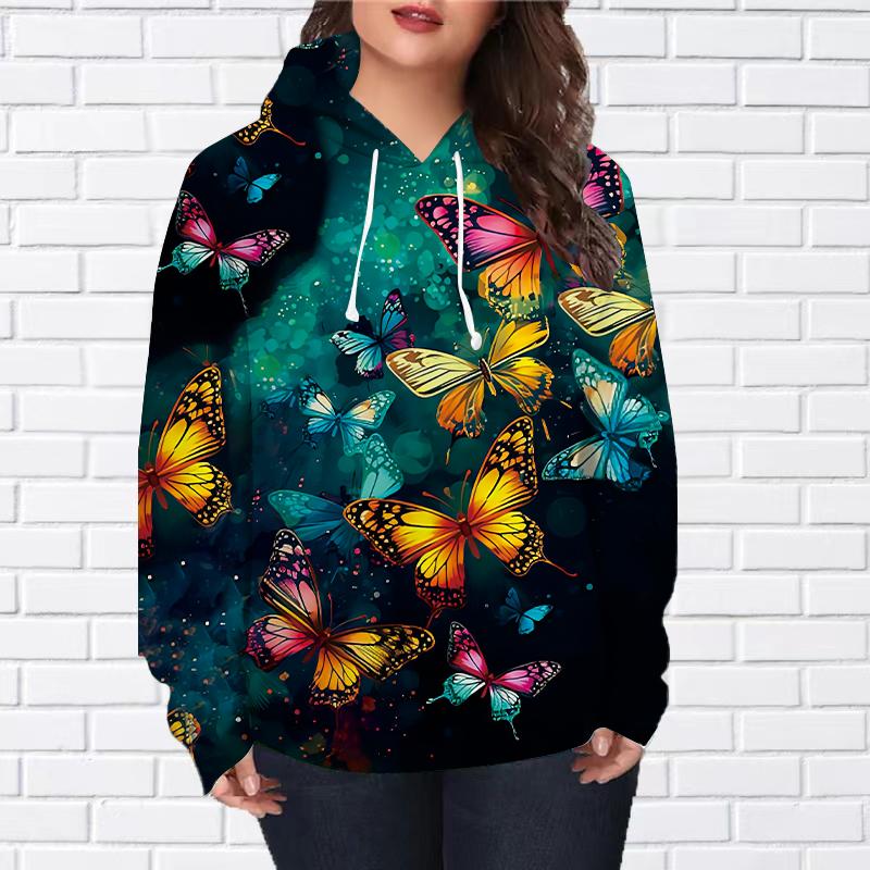 Женская мода Зеленый Танцующая Бабочка Принт Свободные Толстовки Топы Блузка Свитшот Повседневный Длинный Рукав Пуловер Топы