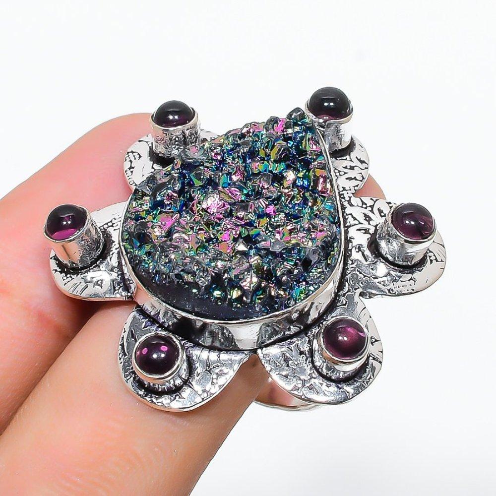 Натуральный титановый друз, аметистовый драгоценный камень, кольцо из стерлингового серебра 925 пробы, размер 8 V7Y44