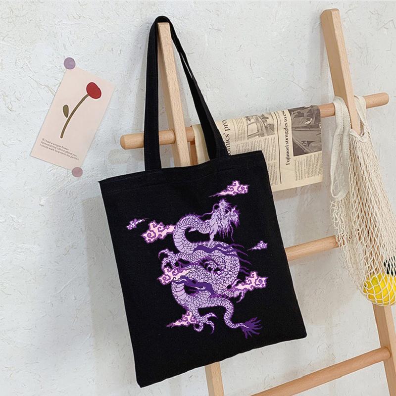 Japanese Gothic Dragon Anime Print Punk Canvas Bag Harajuku Y2K Shopper Bags Large Capacity Vintage Cartoon Women's Shoulder Bag