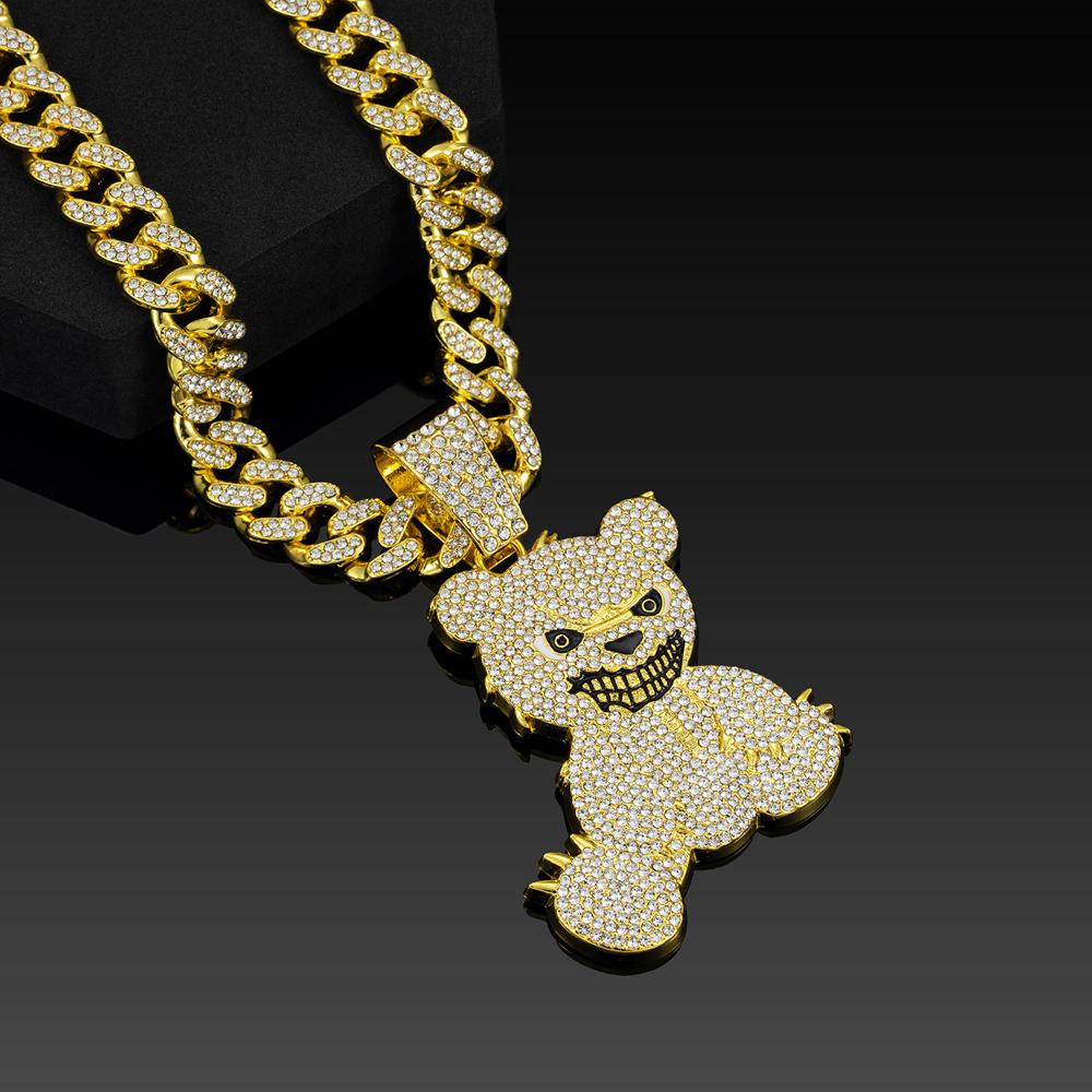 Men Women Hip Hop Bear Shape Pendant Necklace with 13mm Crystal Cuban Chain Iced Out Bling Bling Necklaces HipHop Punk Jewelry