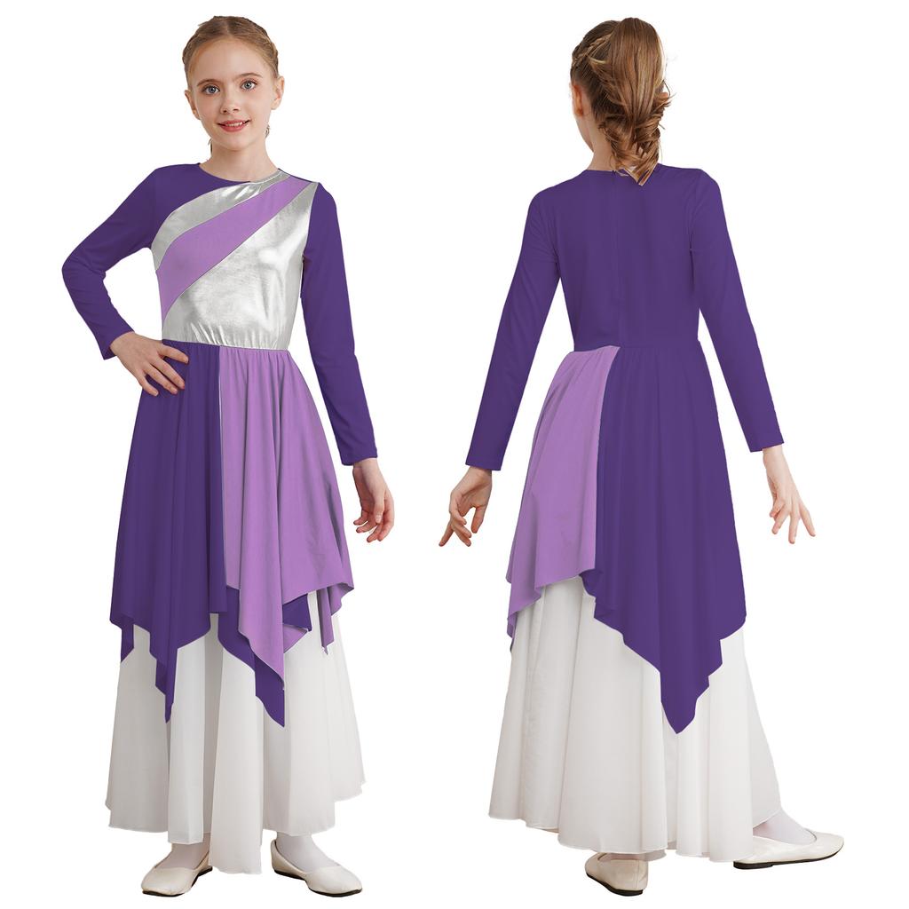 Детское платье для лирических танцев для девочек, асимметричная юбка с металлическим контрастом и длинными рукавами, платье для выступлений, костюмы