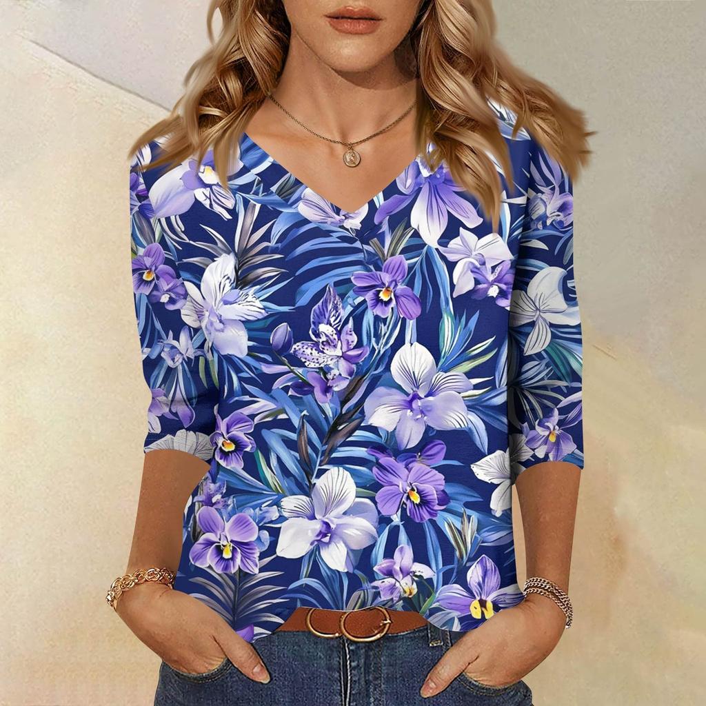 Женские топы, рубашка с рукавом три четверти, свободная повседневная рубашка с V-образным вырезом, футболка с цветочным принтом