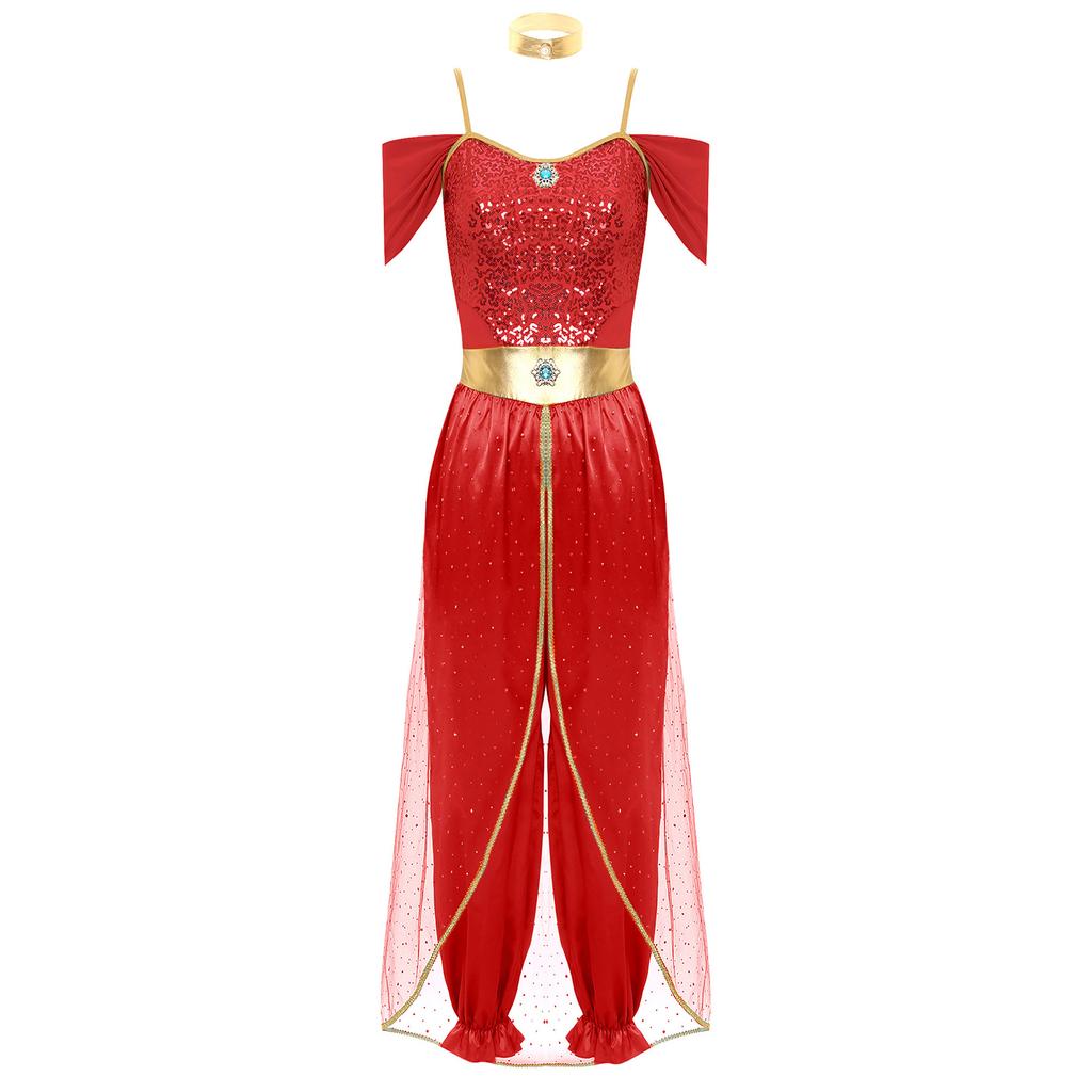 Womens Arabian Princess Belly Dance Costume Sequin Romper with Shiny Choker Collar for Halloween Role Play Parties