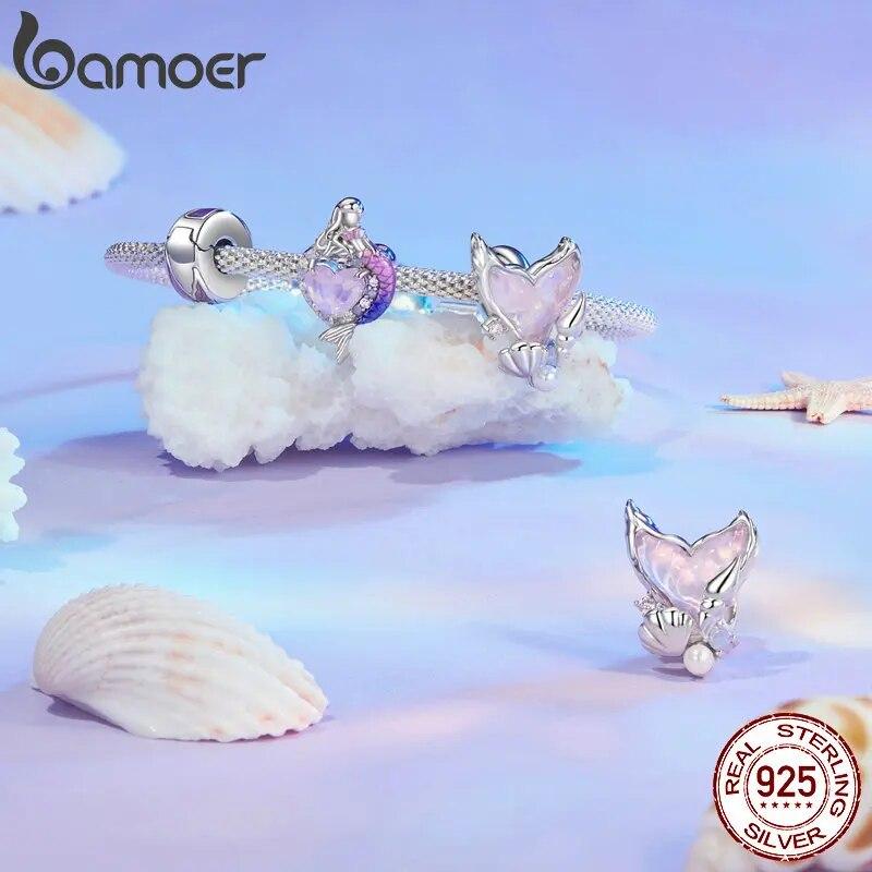 BAMOER Dainty 925 Sterling Silver Dreamy Mermaid Charm Fish Tail Silicone Spacer Bead Charm for Women Fit Original Bracelet