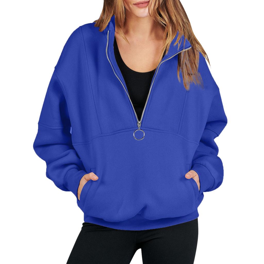 Женская мода сплошной цвет на молнии спортивный свободный пуловер с длинными рукавами толстовка Топ