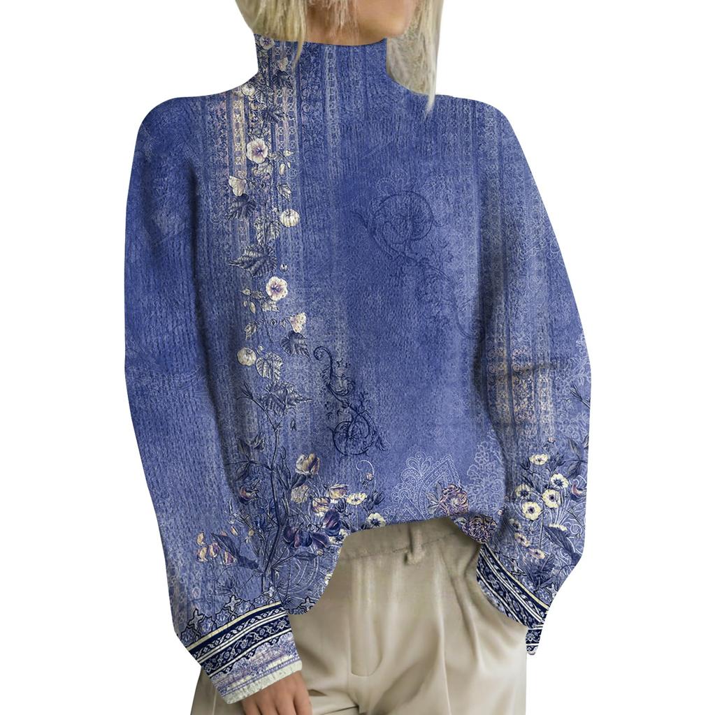 Женская мода повседневная с длинным рукавом и принтом, с высоким воротом, шерстяной трикотаж