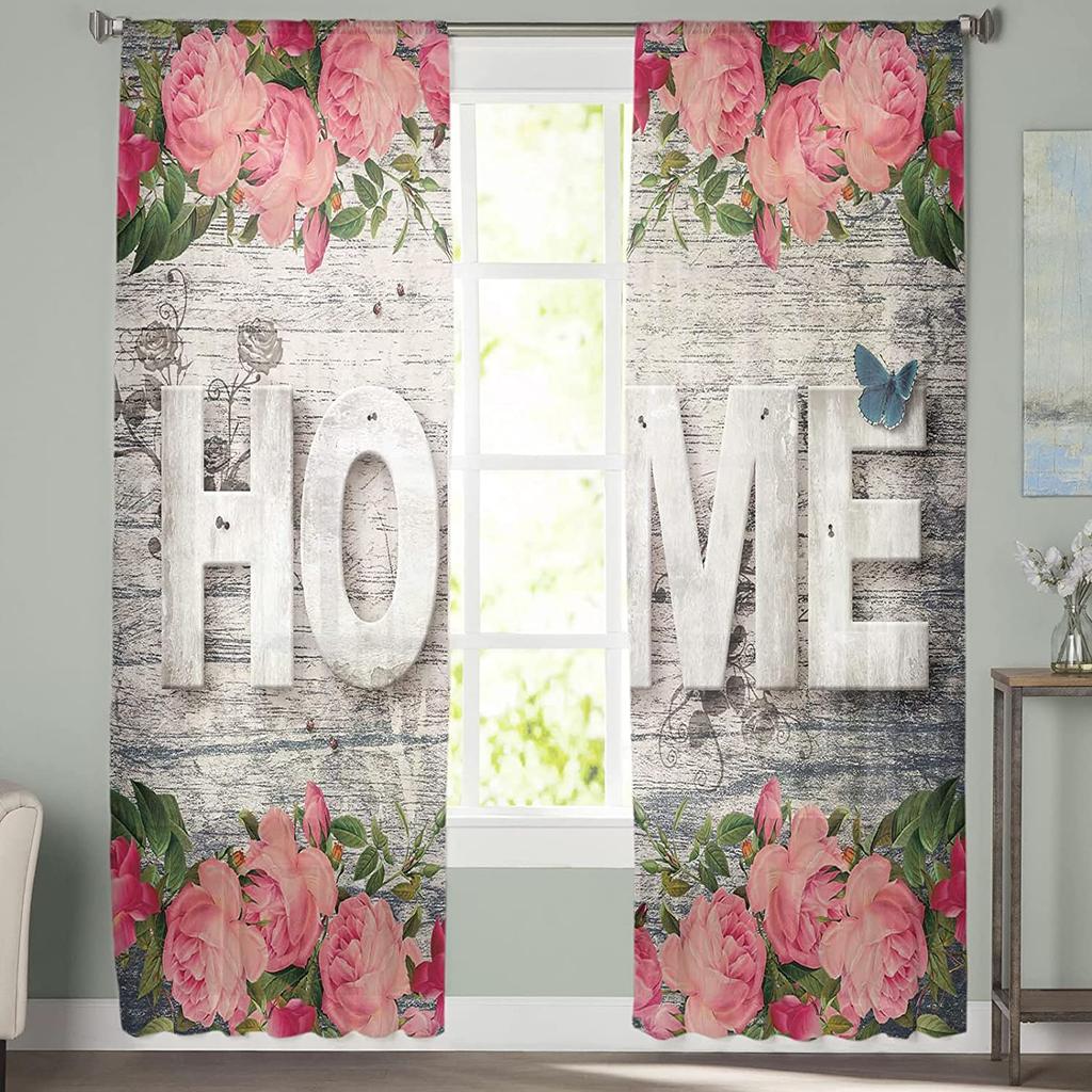 Романтические сладкие цветы и листья, винтажные прозрачные шторы из вуали с текстурой дерева для гостиной, спальни, драпировка, кухонное окно, тюлевая занавеска