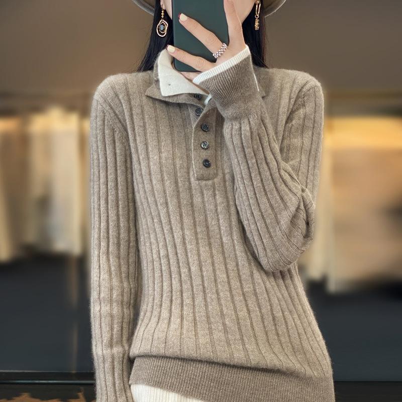 Women Autumn Winter Casual Turn Down Collar Pullover Cashmere Sweater Wool Knitwear Clothing