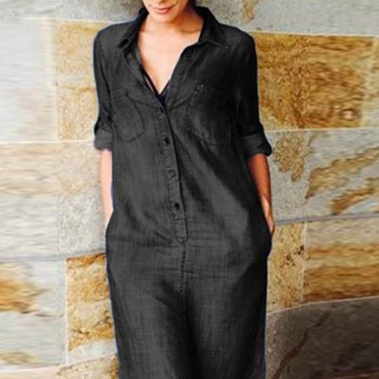 Осень-весна женское платье однотонное свободное джинсовое платье с отложным воротником с длинным рукавом до щиколотки и пуговицами с разрезом подол плюс размер богемное повседневное платье макси