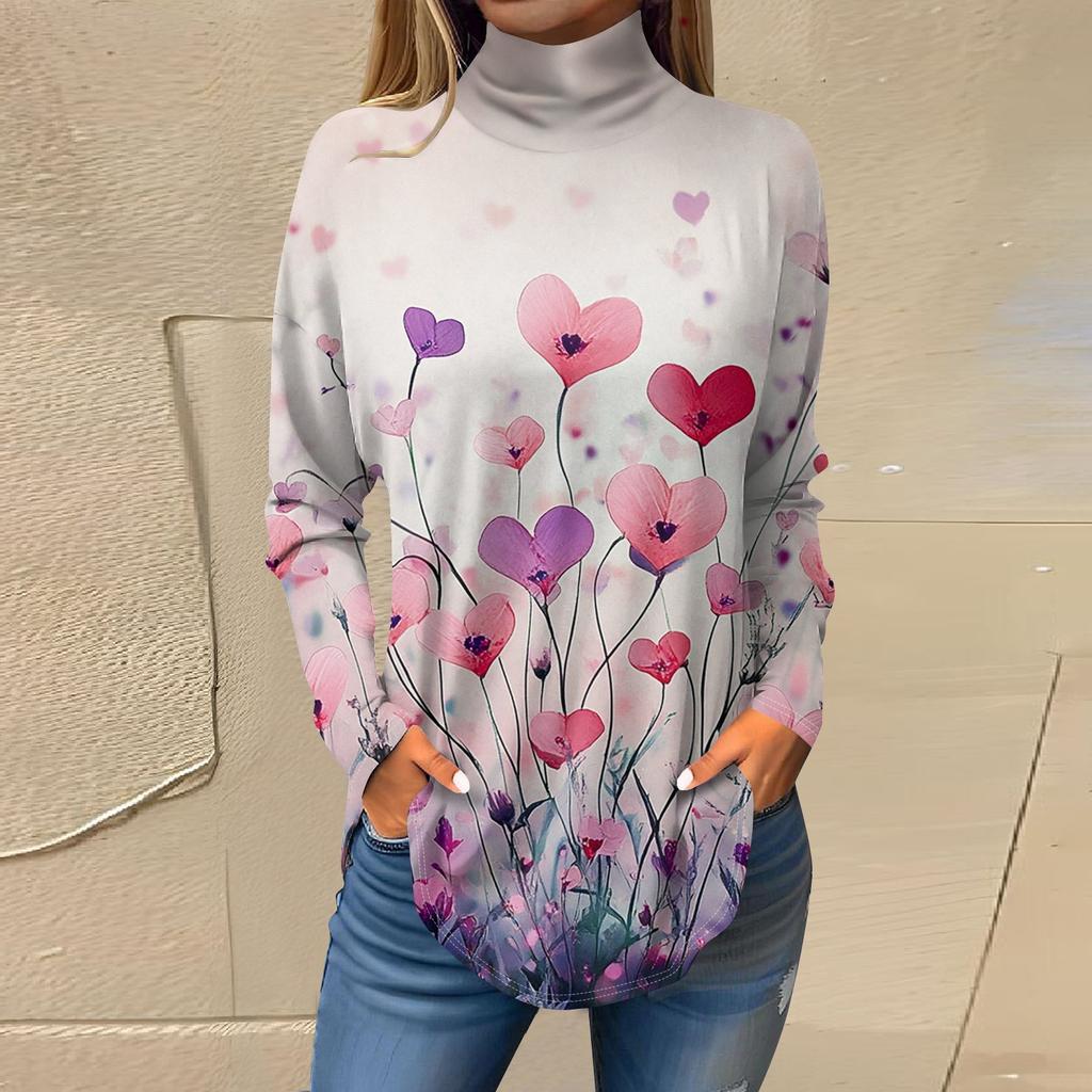 Футболки для женщин, осенние повседневные рубашки с длинным рукавом, толстовка с принтом, топ с высоким воротом, пуловер