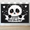 2D Black White Panda Birthday Photography Backdrop with Hearts for Photo Booth