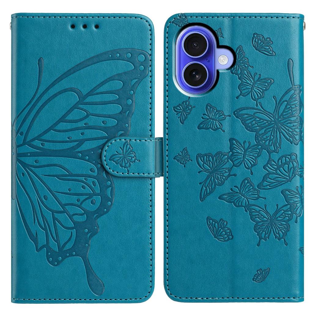 For iPhone 16 Plus Case Butterfly Imprinted Wallet Stand PU Leather Flip Phone Cover with Strap