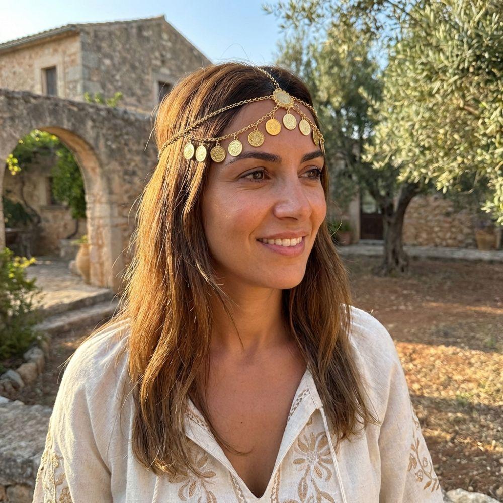 Fashion Coin Tassel Design Egyptian Gold Head Chain Metal Rhinestone Hair Chains Bohemian Adjustable Hair Accessories Wedding