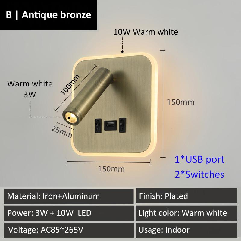 Creative Base Switches Small Wall Lamp With USB Type-C Charging Port Living Room Bedroom Bedside Rotatable Reading Light 10W+3W