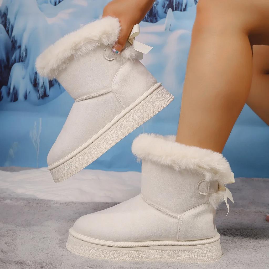 Fashion Thick Soled Snow Boots for Women, 2025 New Winter with Plush Insulation, Butterfly Knot Casual Oversized Cotton Shoes for Women