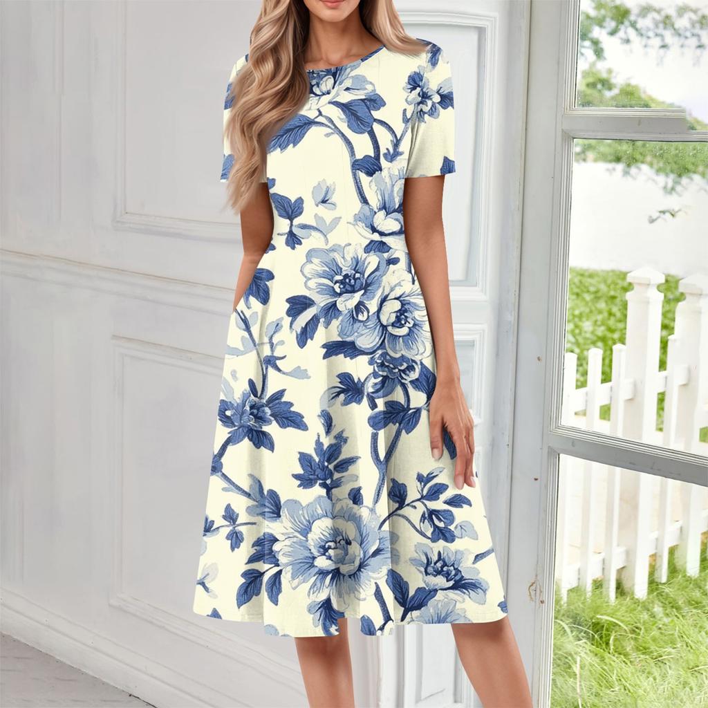 Women's Fashion Short Sleeve Vintage Printed Dress Cosplay Party Evening Dress