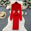 Autumn Spring Women Casual Stand Collar Full Sleeve Long Midi Knitted Sweater Pullover Dresses