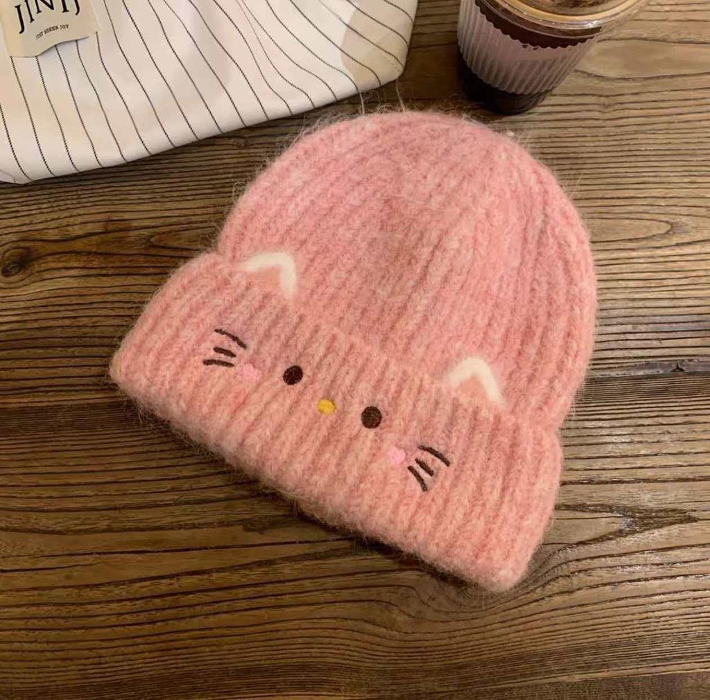 Ear protection ear autumn and winter knitted wool cat thermal hat outdoor versatile face small velvet thermal hat women's wool