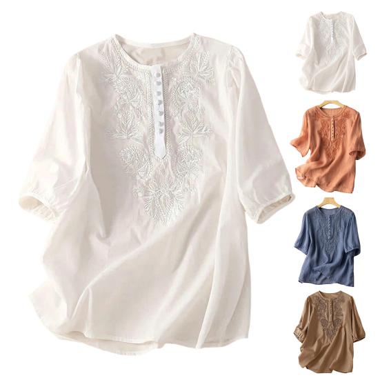 Женский топ с вышивкой и круглым вырезом Элегантный короткий рукав из хлопка и льна с винтажной вышивкой