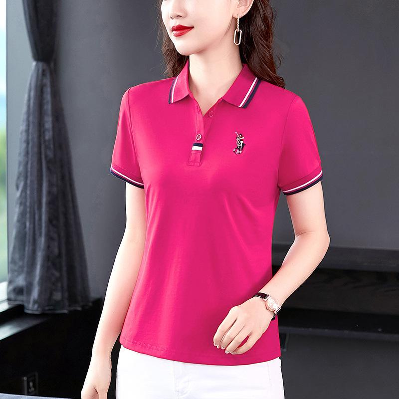 Новая летняя футболка-поло с лацканами для женщин, летняя свободная повседневная футболка с коротким рукавом для мам, большой размер