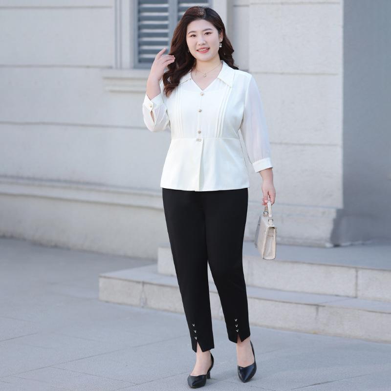 Chiffon Top Plsize Women's Clothing Loose and Elegant Shirt Spring and Summer Semi-open Collar Short-sleeved Shirt